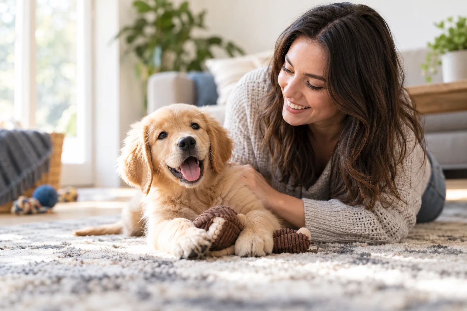 Owner playing with a golden-colored dog on a rug